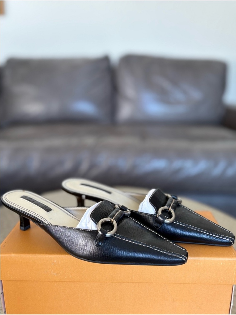 Unisa Black Leather Pointed Toe Mule with Metal Ring Accent